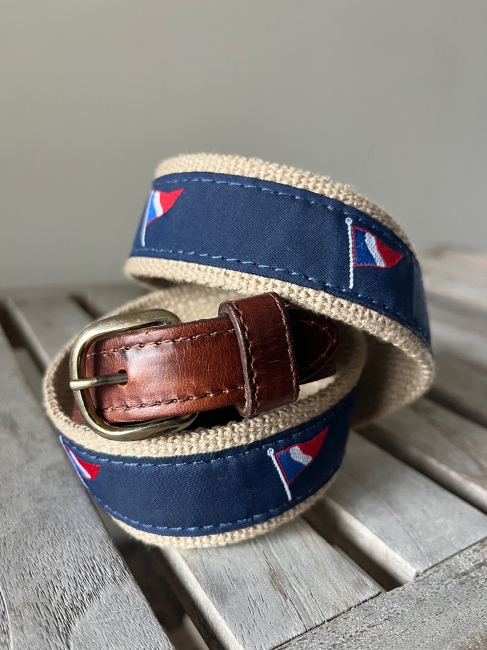 Nautical Flag Canvas Belt Leather Trim Preppy Sailing Adjustable 28–32